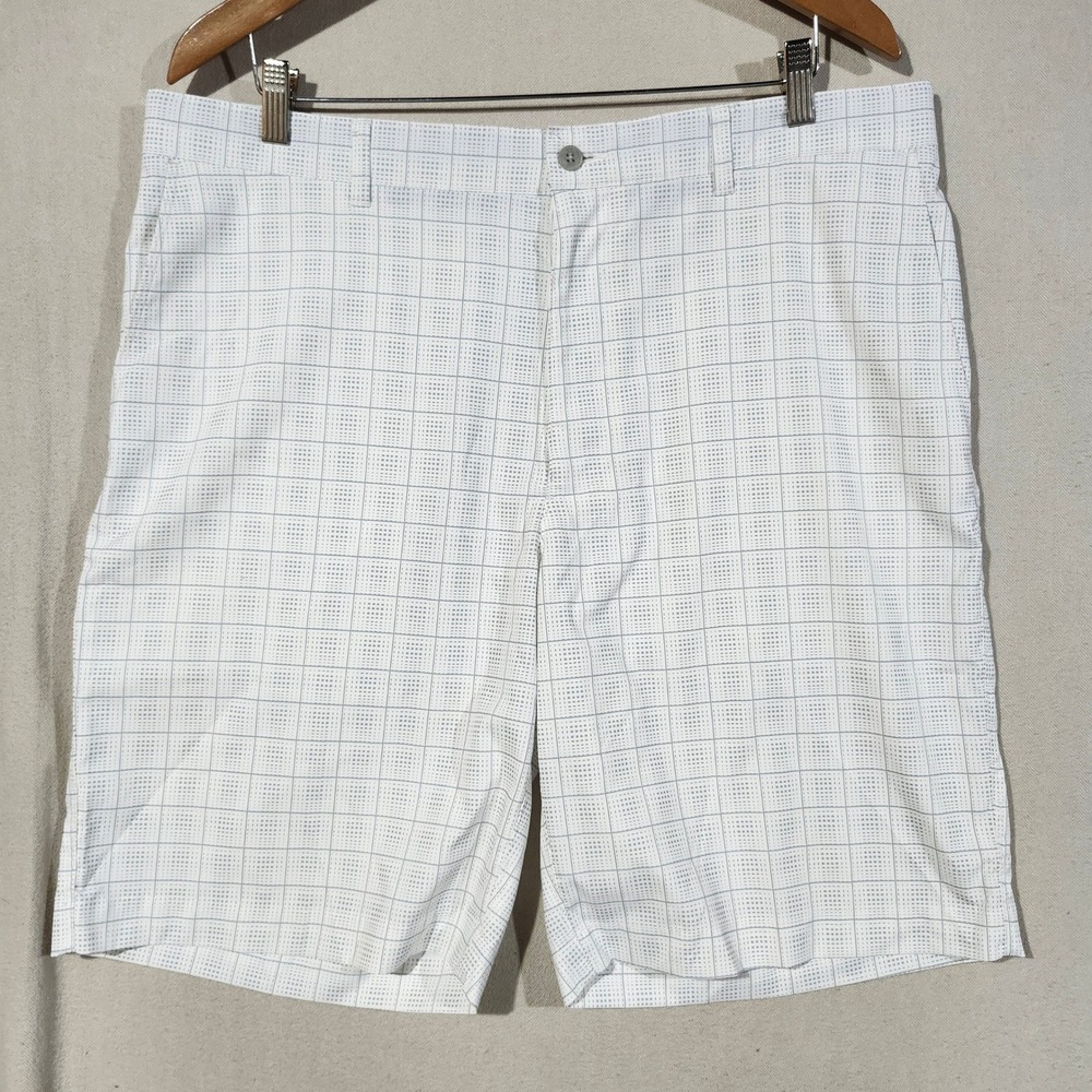 PGA Tour Mens White Grey Grid Golf Shorts Size 38 Performance Stretch Flat Front